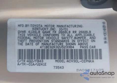 2002 Toyota Camry Le/Xle/Se from USA, damaged, VIN 4T1BE32K32U523384